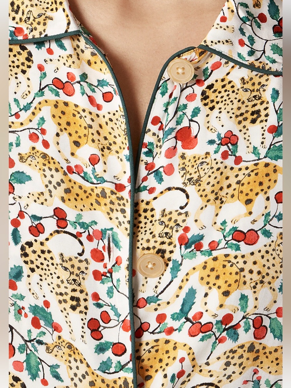 J. Crew Women’s Leopard & Berry Print Pajama Set | Ivory, Yellow, Red, Green - Picture 7 of 8